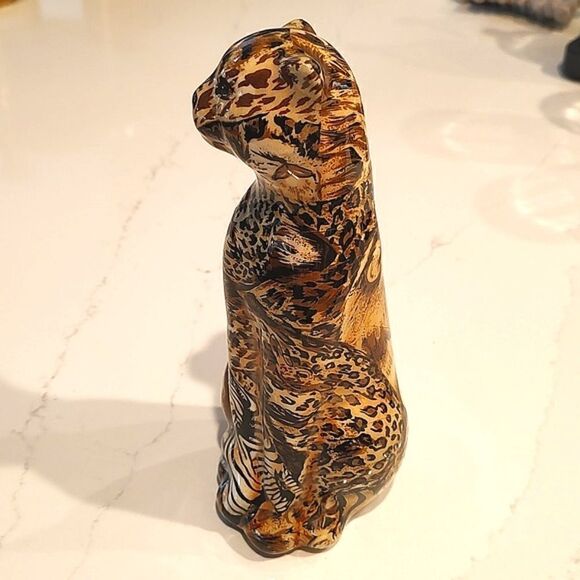 LaVie Vintage Safari Wrapped Patchwork Animal Print Cat Figurine - Picture 2 of 7